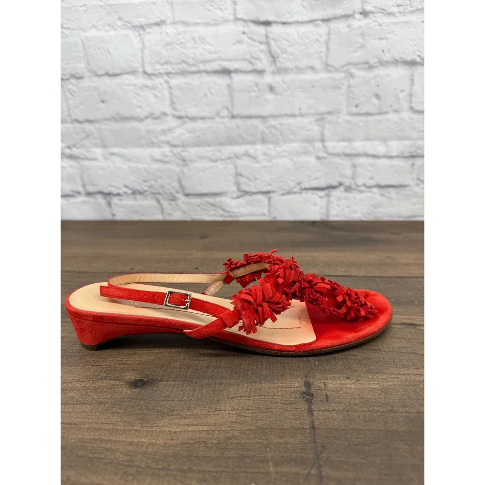 Kate Spade New York Coral Red Suede Fringe Kitten Heel Sandals Women's Size 8B